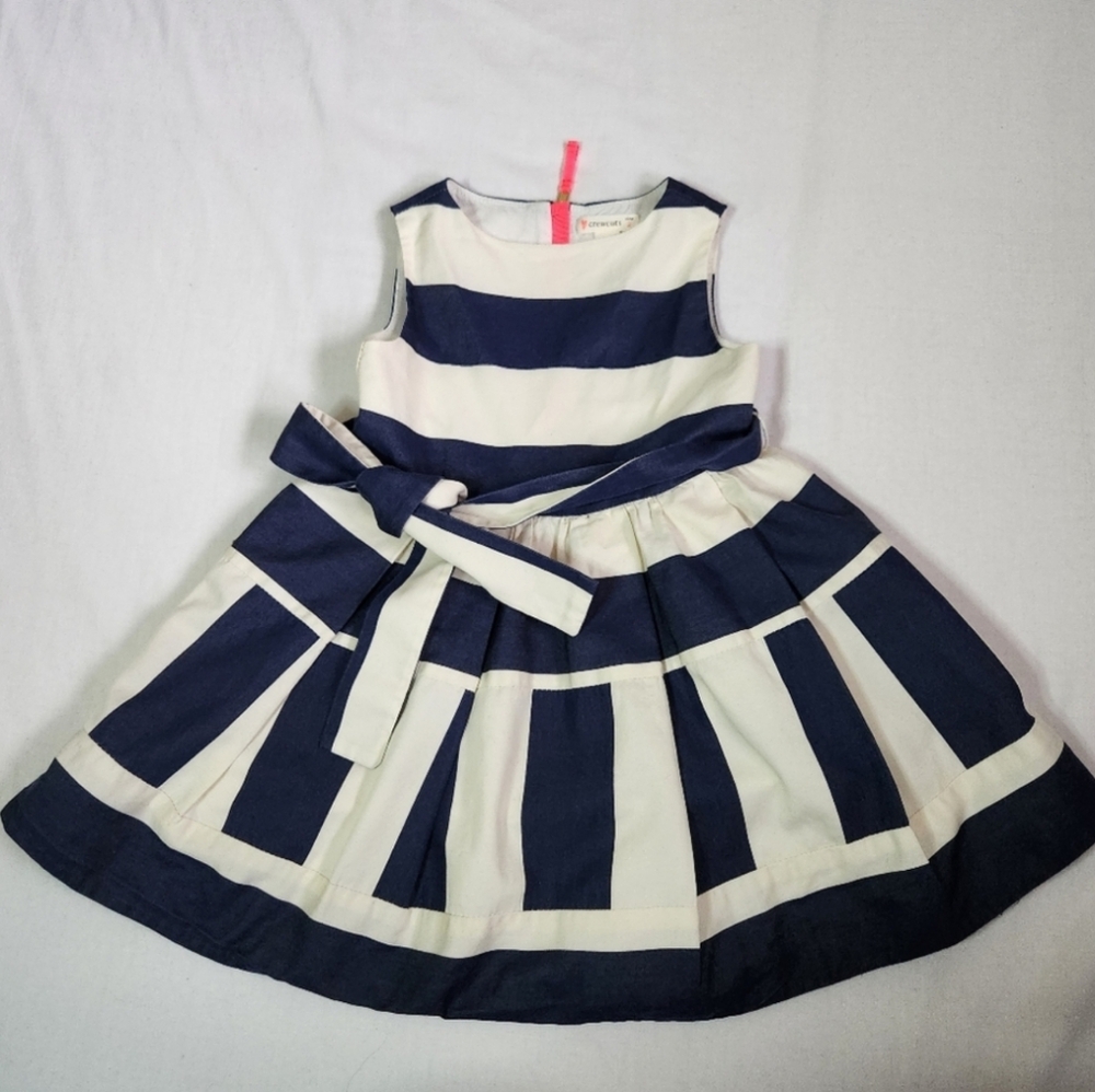 3/$15 J. Crew Crewcuts dress navy blue cream block stripes fit flare tie belt 2T - Picture 1 of 10